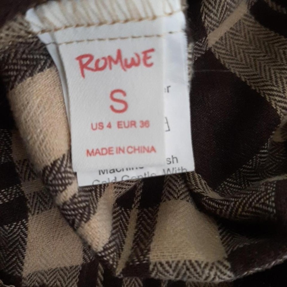 Romwe Brown Tan Plaid Flannel Button Down Shirt Small Long Sleeve Pocket Top S - Picture 8 of 8